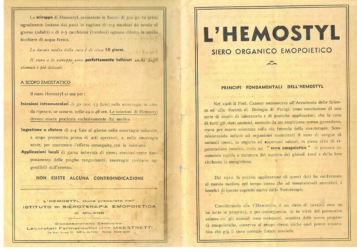 10c. Hemostyl, Istituto di sieroterapia emopoietica Milano, siero emopoietico, inizi 1900, foglietto scientifico