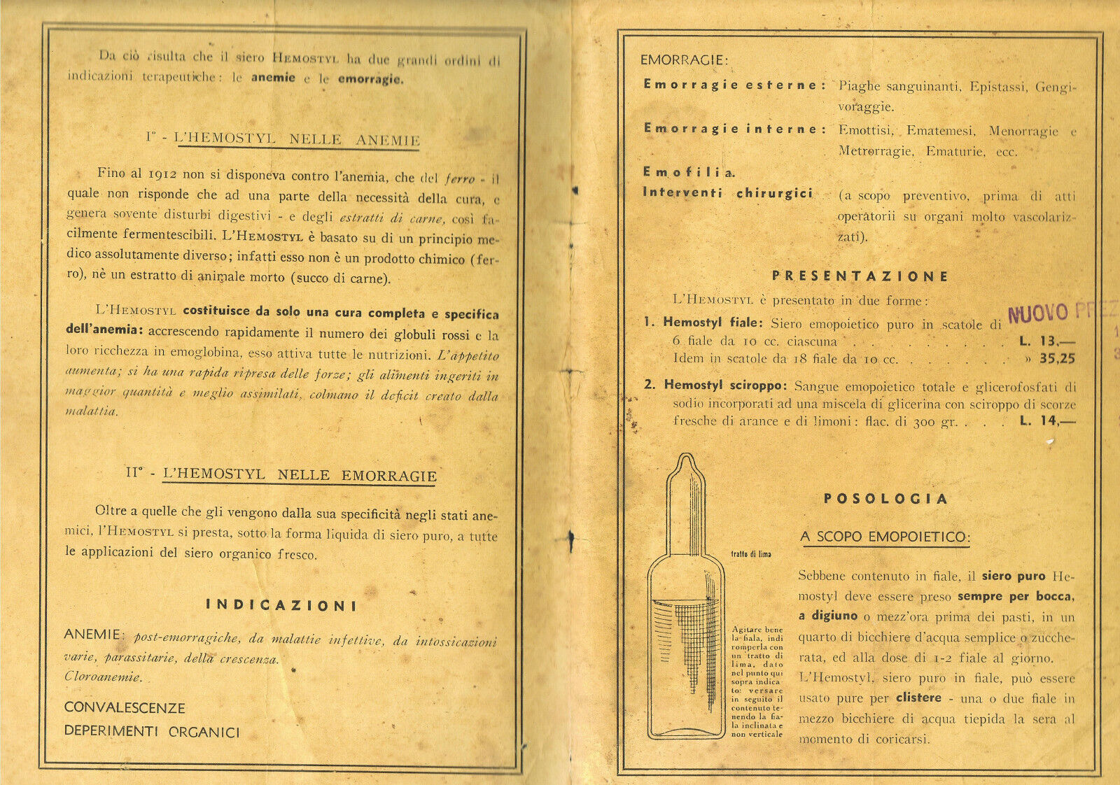 10d. 11c. Hemostyl, Istituto di sieroterapia emopoietica Milano, siero emopoietico, inizi 1900, foglietto scientifico