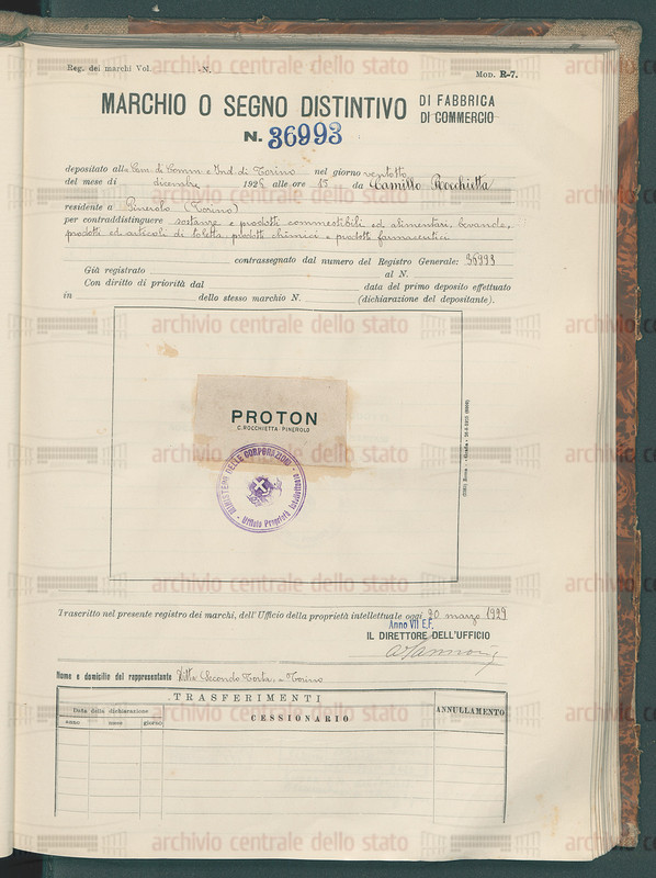12c. Proton di Camillo Ricchietta, Pinerolo, Registrazione Marchio 1926