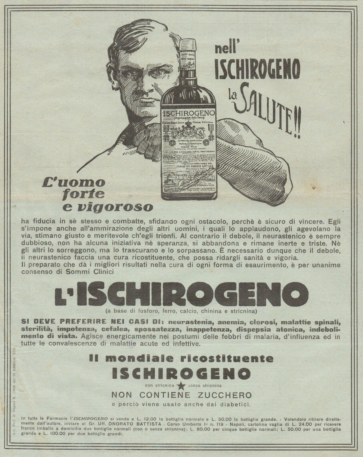 7a. Ischirogeno, Farmacia Onorato Battista, ricostituente, 1899-1945