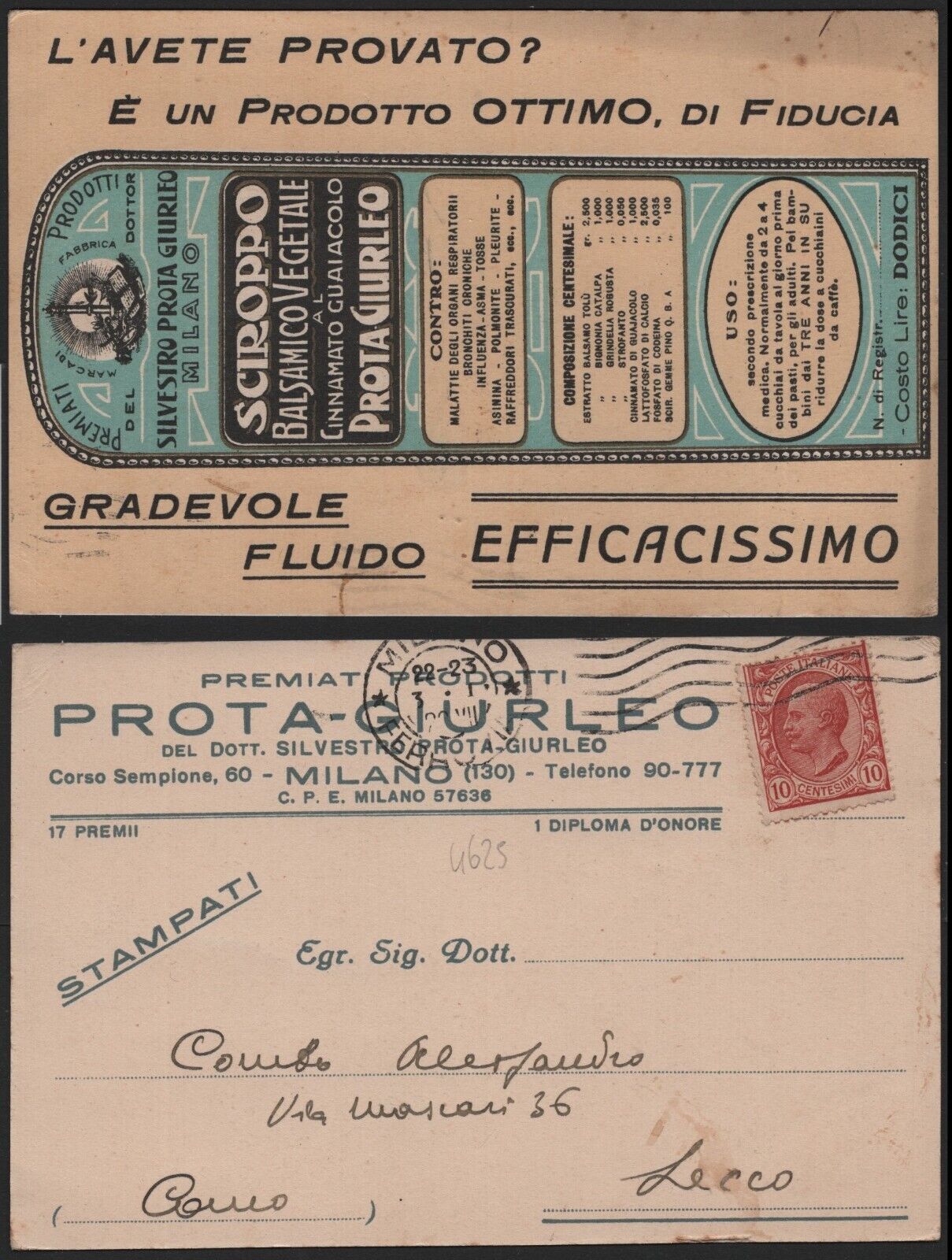 8d. Cartolina pubblicitaria delle fabbriche Prota-Giurleo con francobollo, 1906